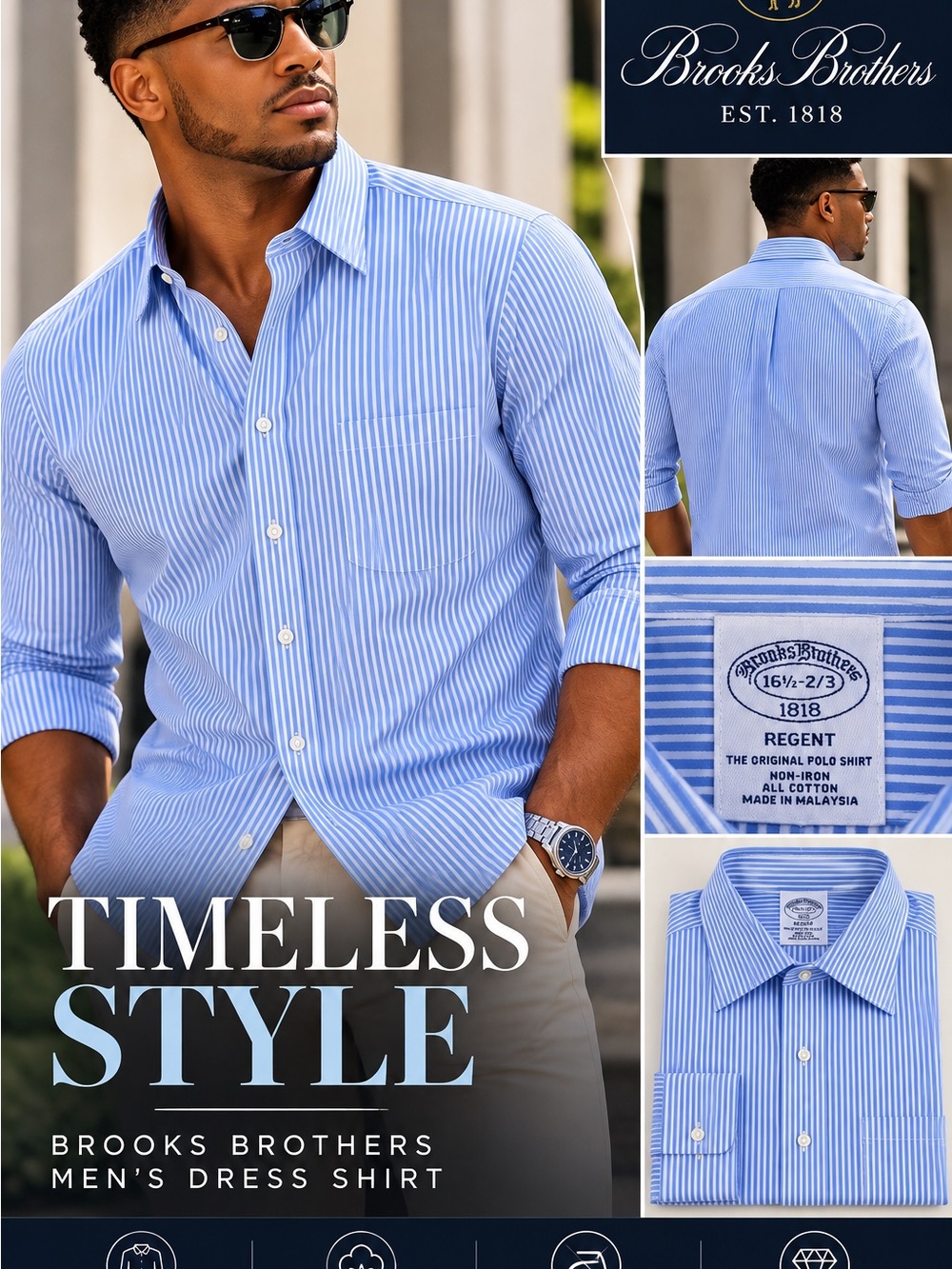 Brooks Brothers Regent Blue & White Pinstripe Men's Dress Shirt Sz 16 1/2 - 2/3